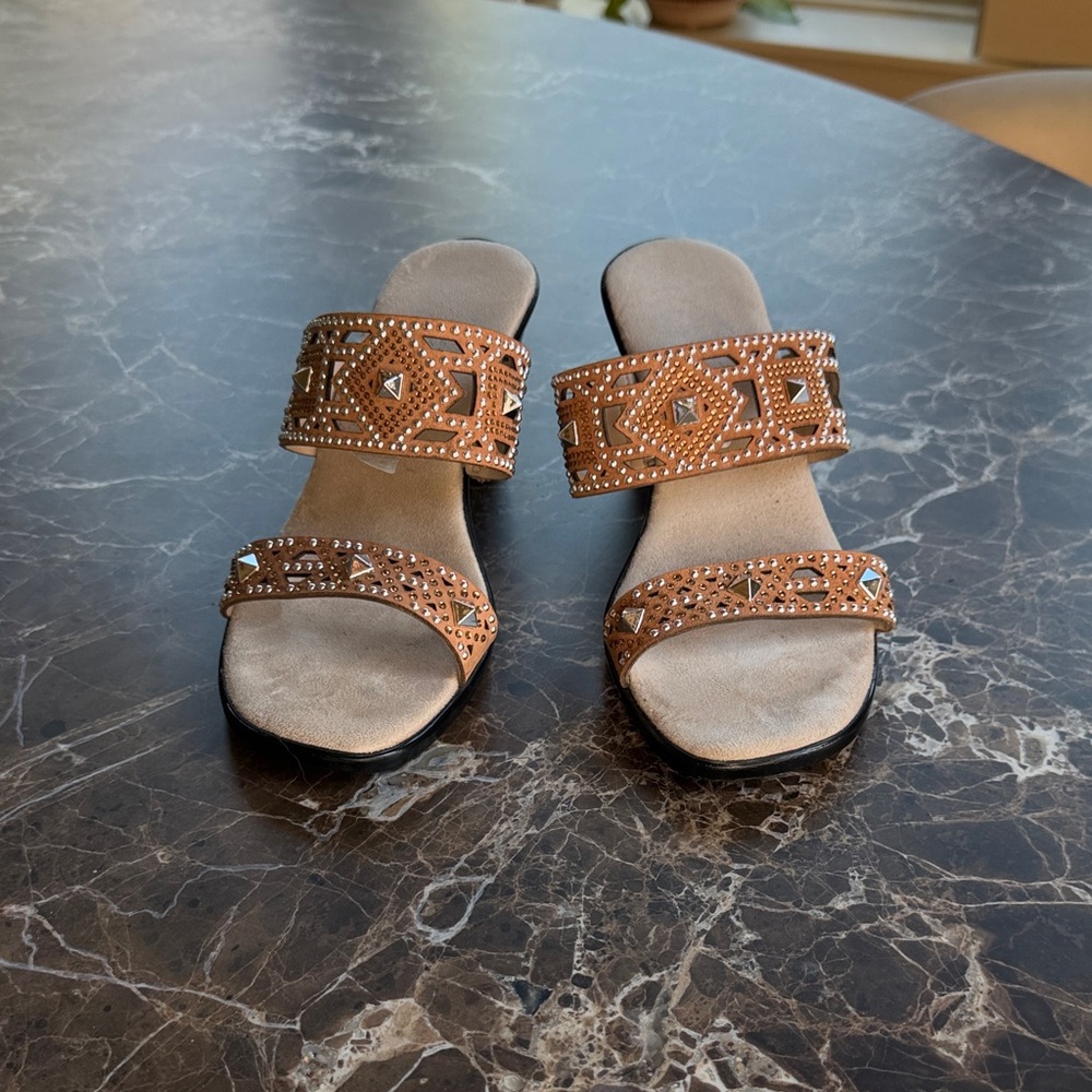 Onex Tan Embellished Slide Sandals